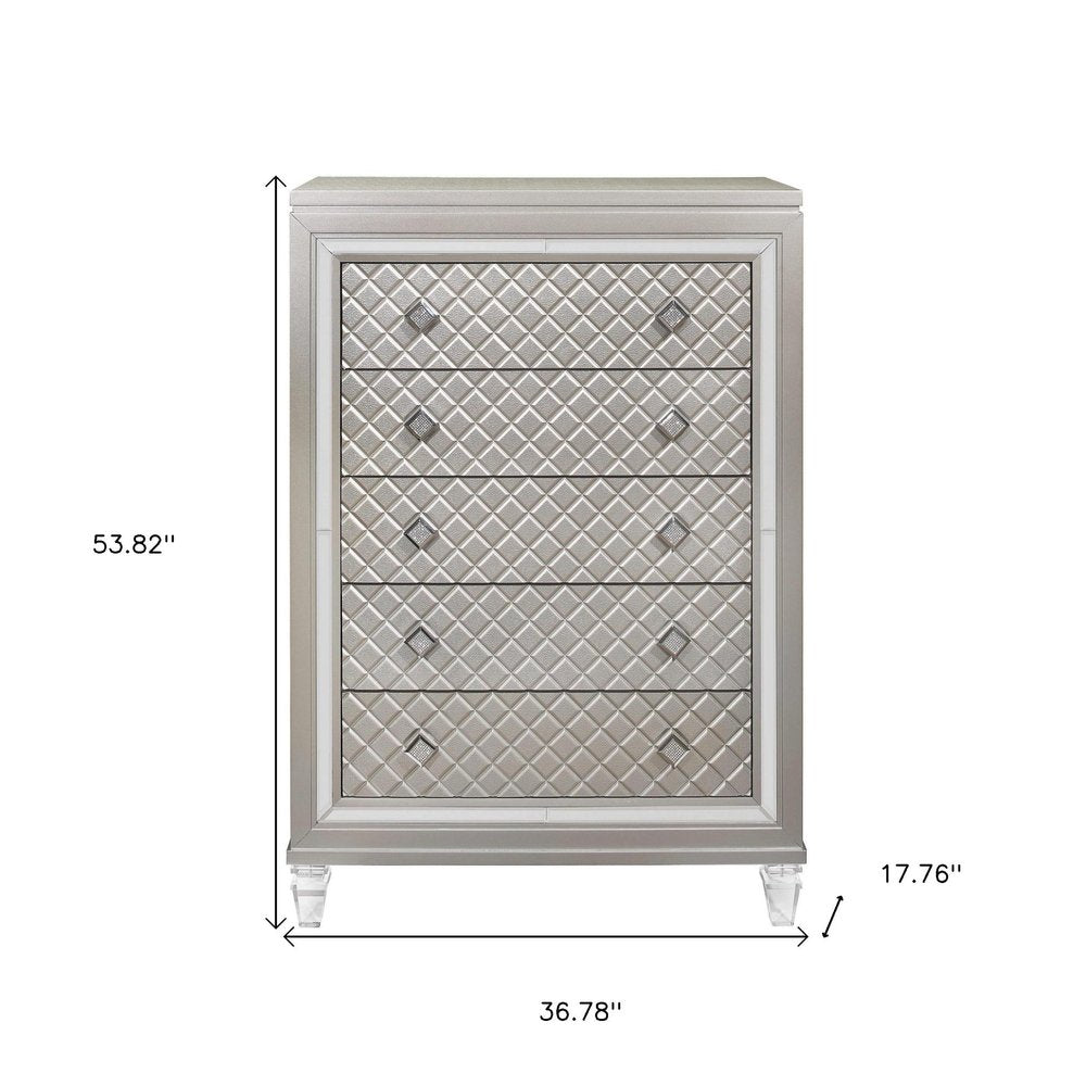 37" Champagne Carved Geometric Solid Wood Mirrored Five Drawer Dresser