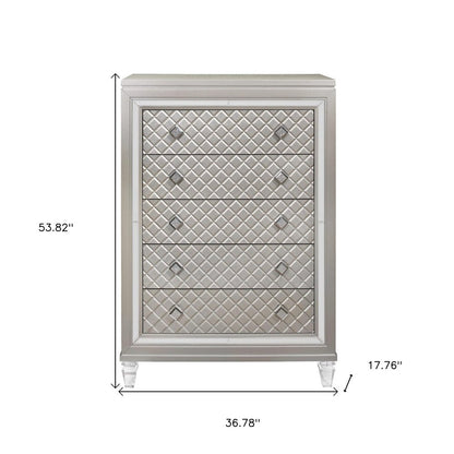 37" Champagne Carved Geometric Solid Wood Mirrored Five Drawer Dresser
