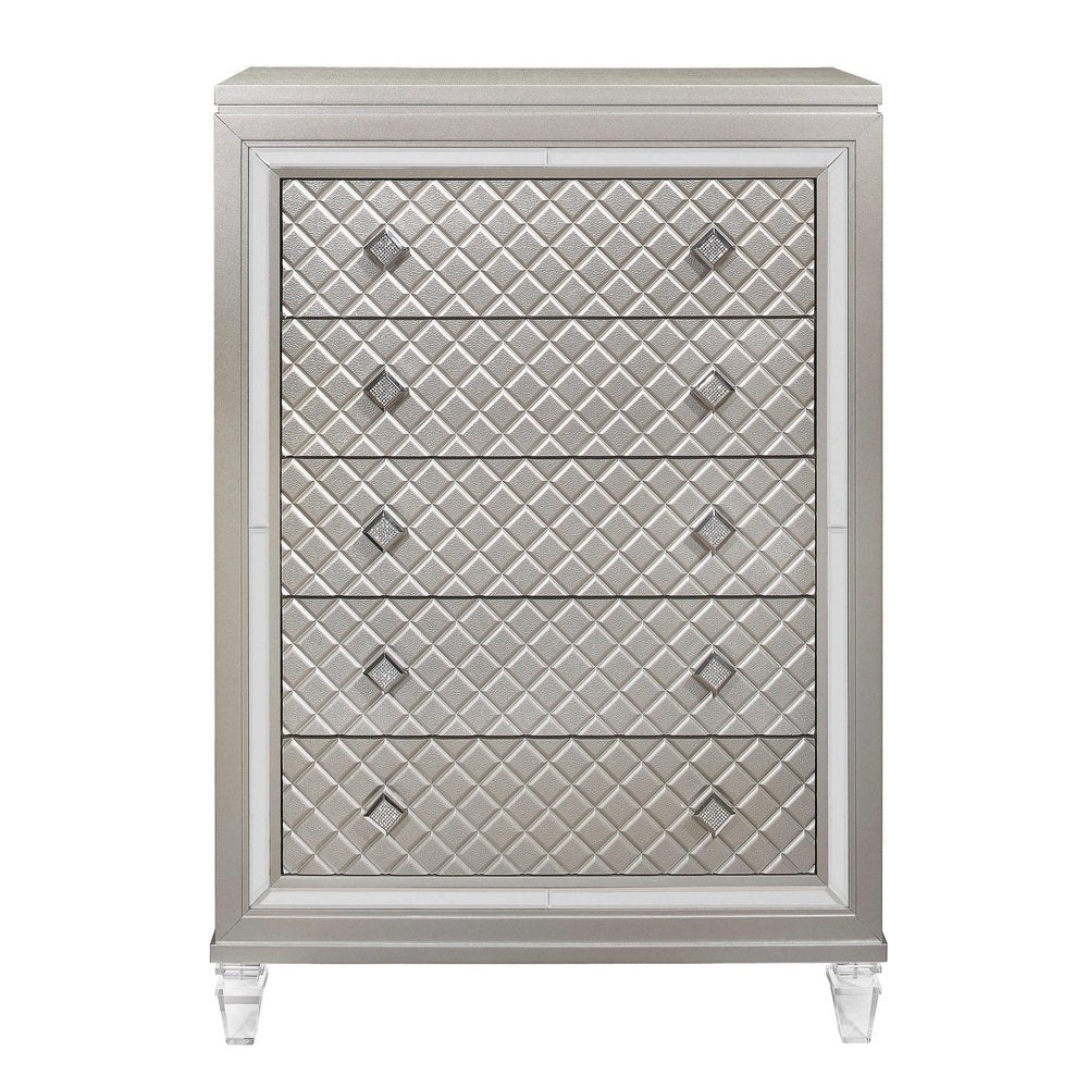 37" Champagne Carved Geometric Solid Wood Mirrored Five Drawer Dresser