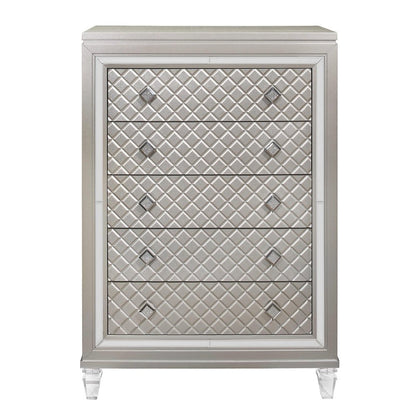 37" Champagne Carved Geometric Solid Wood Mirrored Five Drawer Dresser
