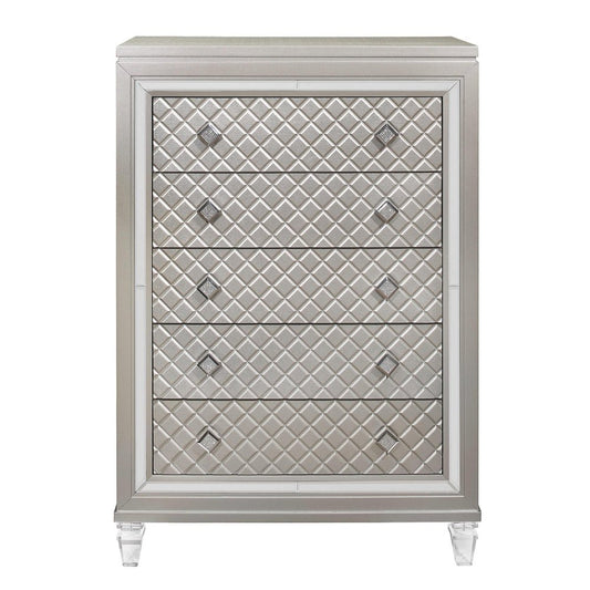 37" Champagne Carved Geometric Solid Wood Mirrored Five Drawer Dresser