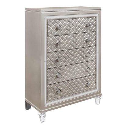 37" Champagne Carved Geometric Solid Wood Mirrored Five Drawer Dresser