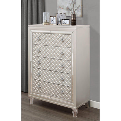 37" Champagne Carved Geometric Solid Wood Mirrored Five Drawer Dresser