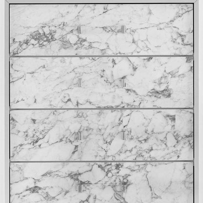 Modern White Chest With 5 Faux Marble Detailed Front Drawer.