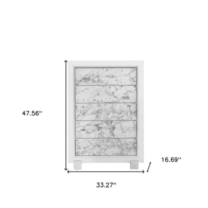 Modern White Chest With 5 Faux Marble Detailed Front Drawer.