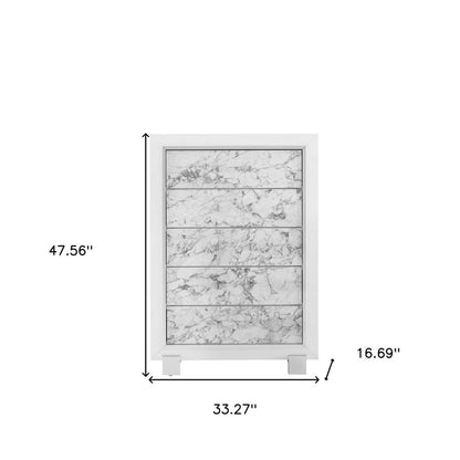 33" White Faux Marble And Solid Wood Five Drawer Dresser