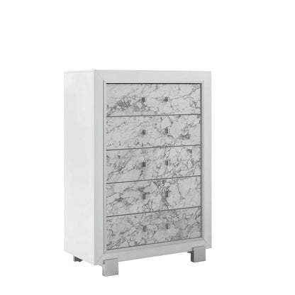 33" White Faux Marble And Solid Wood Five Drawer Dresser