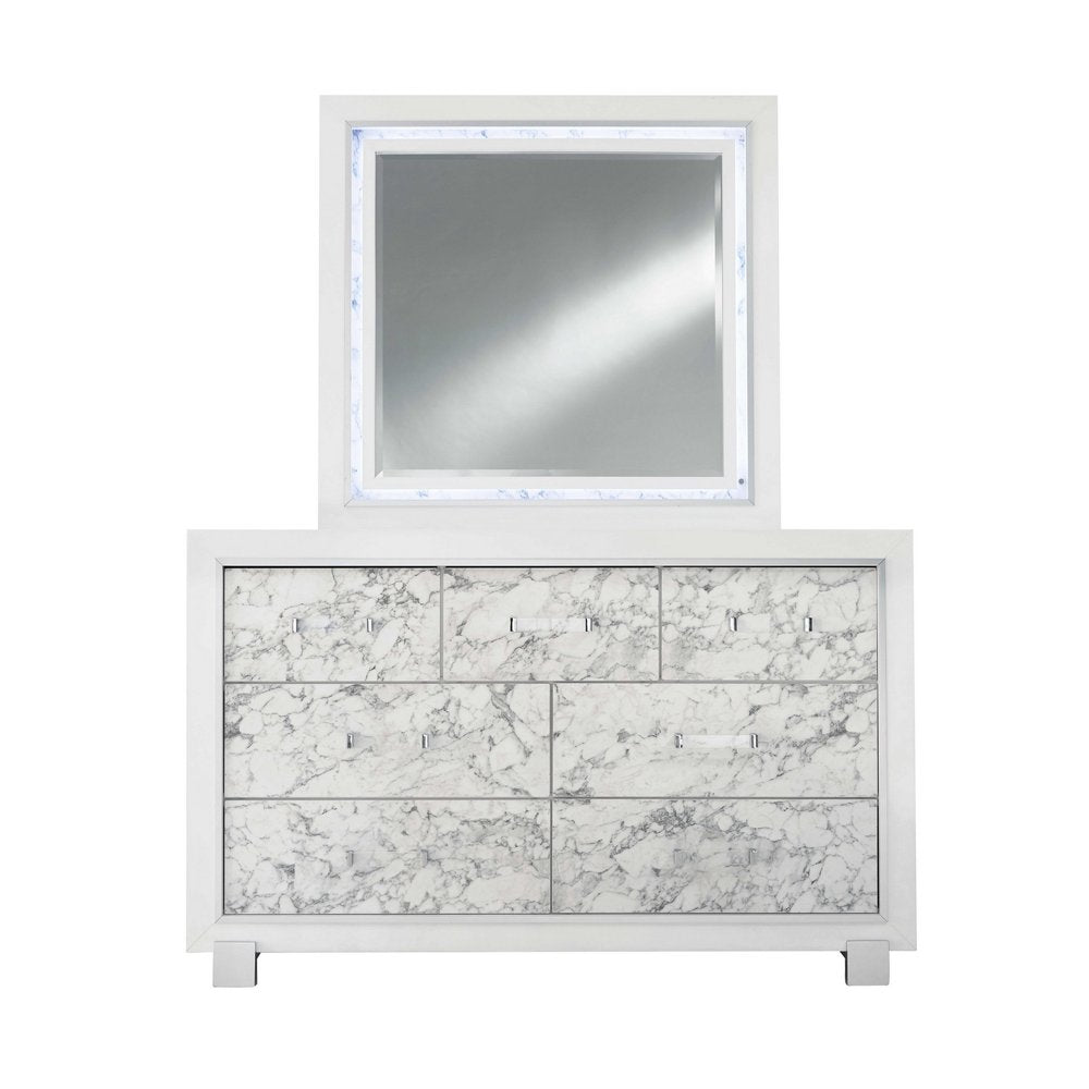 62" White Faux Marble And Solid Wood Seven Drawer Double Dresser