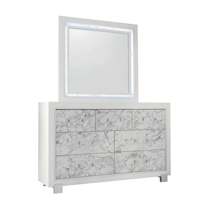 Modern White Dresser With 7 Faux Marble Detailed Front Drawer.