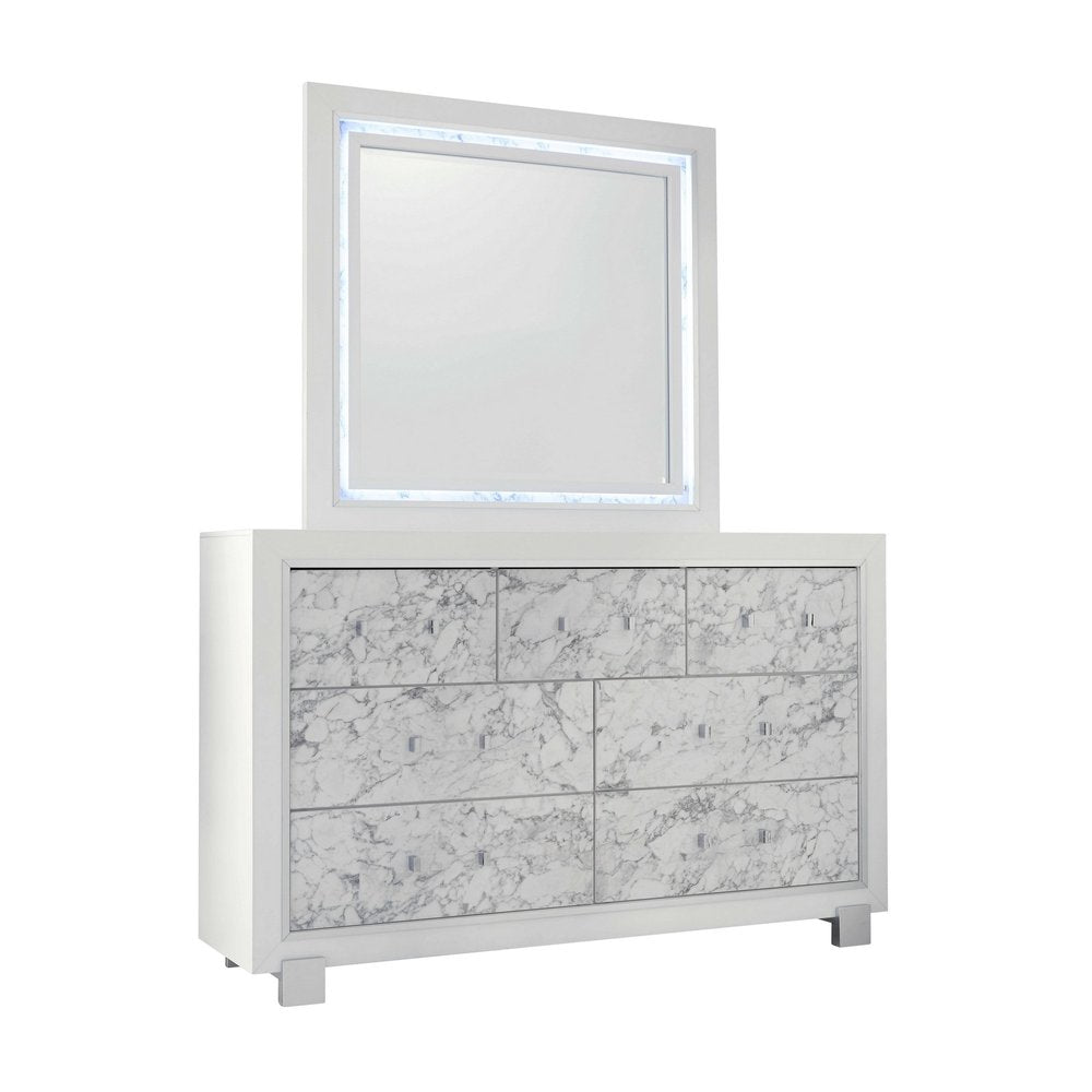 62" White Faux Marble And Solid Wood Seven Drawer Double Dresser