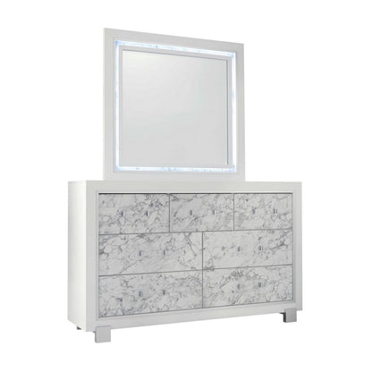 62" White Faux Marble And Solid Wood Seven Drawer Double Dresser