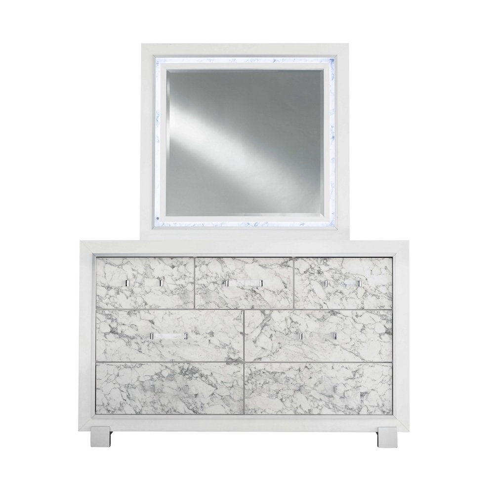 62" White Faux Marble And Solid Wood Seven Drawer Double Dresser