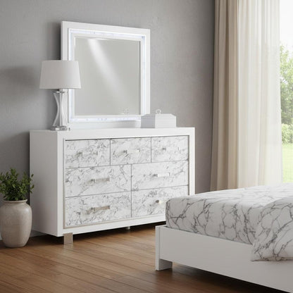 62" White Faux Marble And Solid Wood Seven Drawer Double Dresser