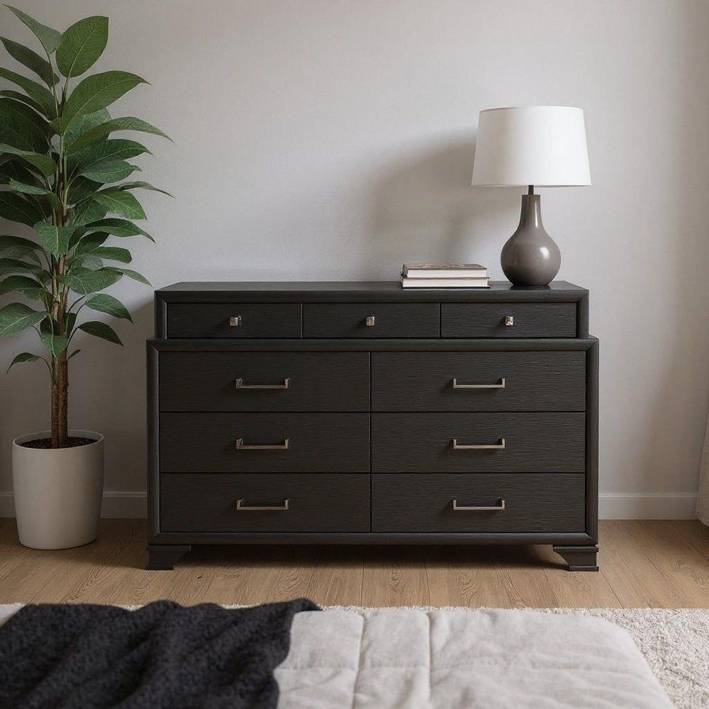 59" Gray Ribbed Texture Solid Wood Nine Drawer Double Dresser