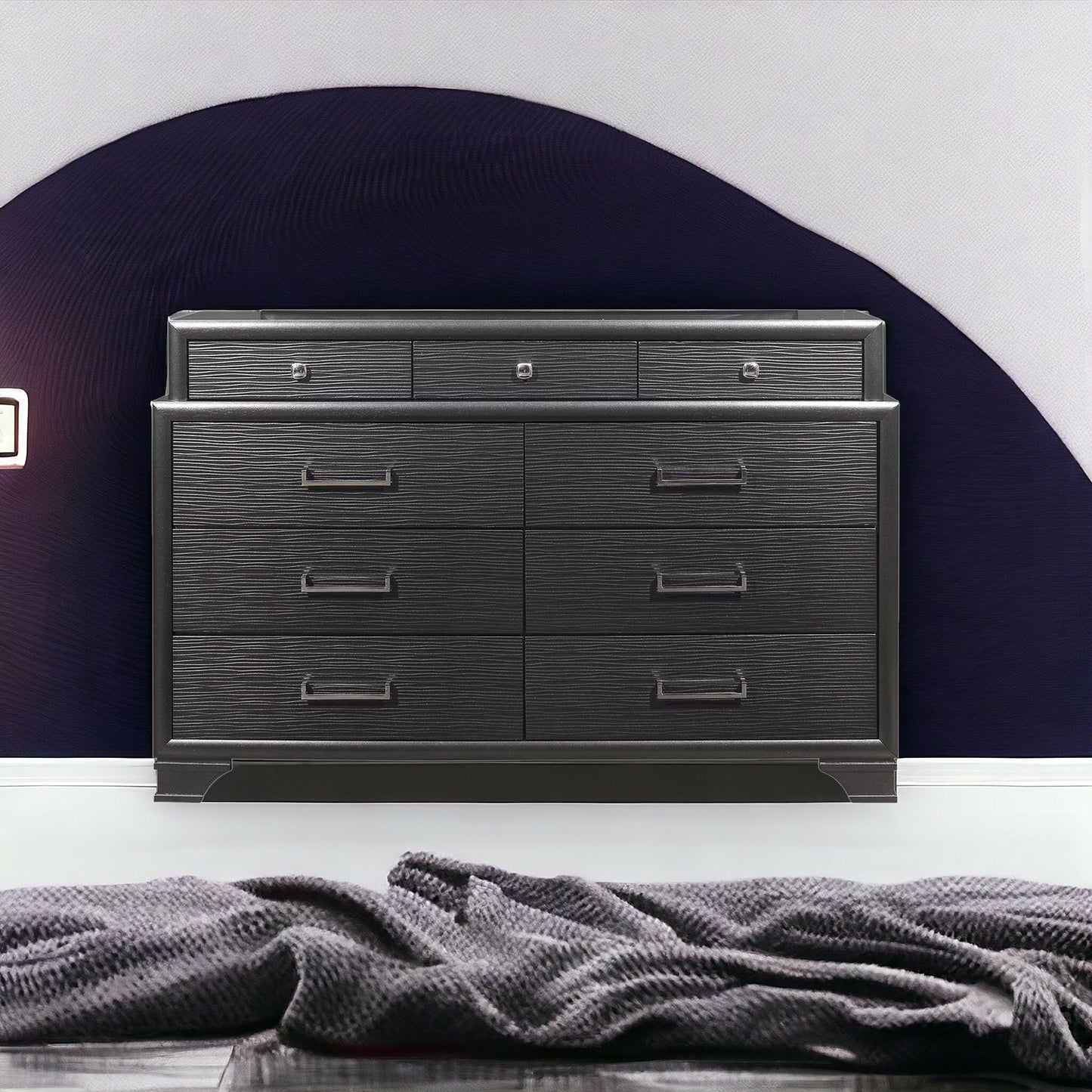 59" Gray Solid Wood Nine Drawer Double Dresser