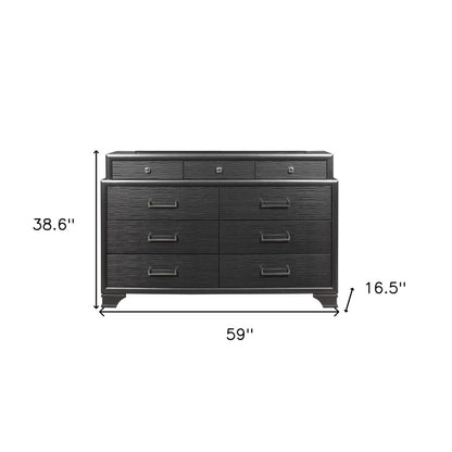 59" Gray Ribbed Texture Solid Wood Nine Drawer Double Dresser