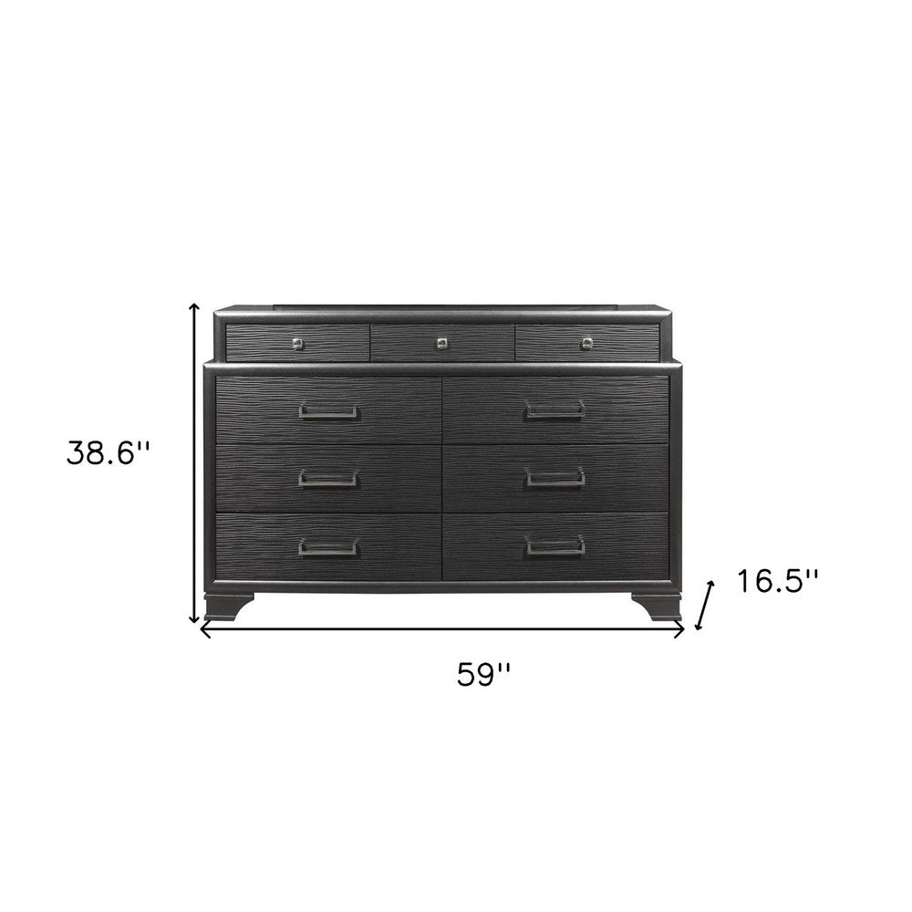 59" Gray Ribbed Texture Solid Wood Nine Drawer Double Dresser