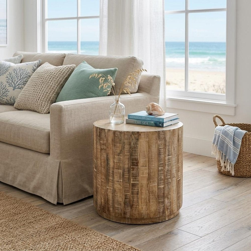 20" Natural Distressed Solid Wood Round Drum End Table
