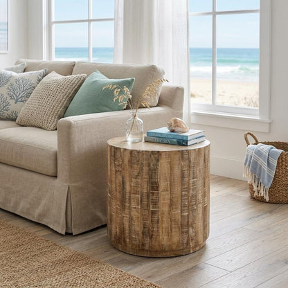 20" Natural Distressed Solid Wood Round Drum End Table