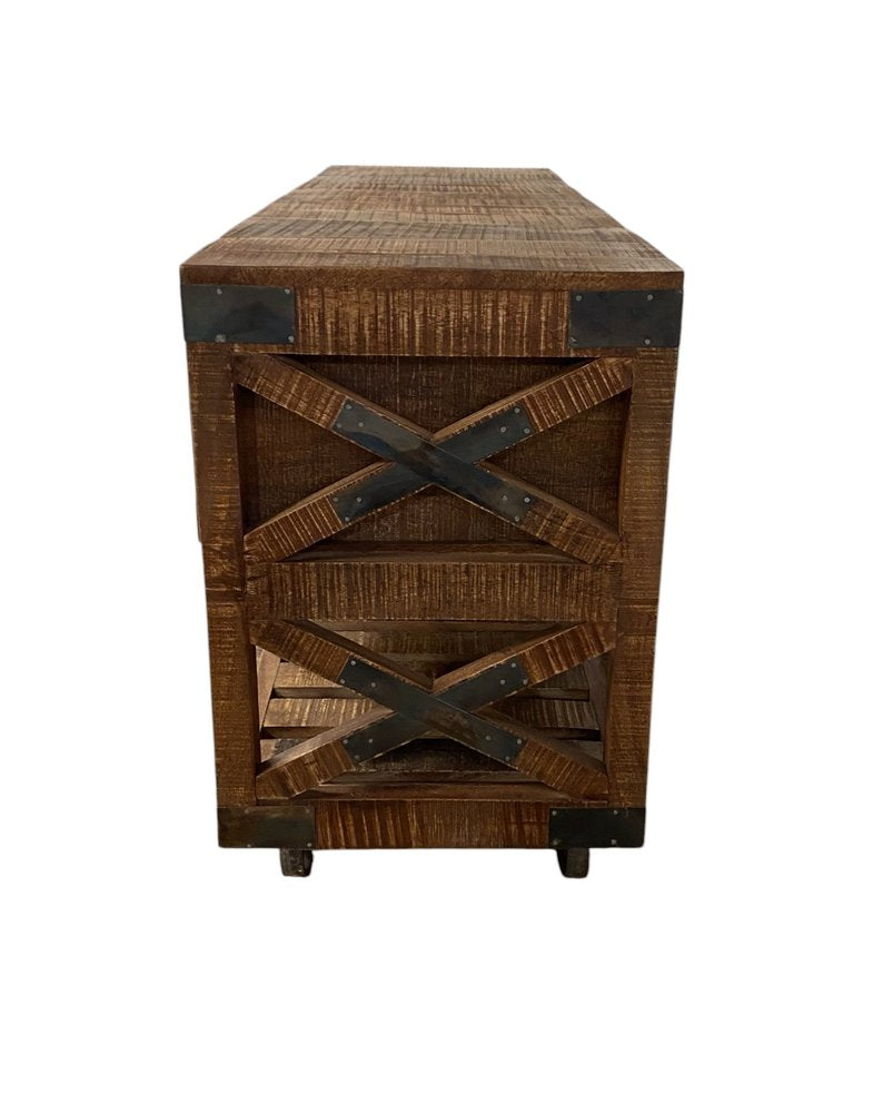18" Brown and Black Solid Wood Distressed Wheel Console Table With Shelves And Drawers