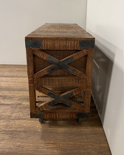 18" Brown and Black Solid Wood Distressed Wheel Console Table With Shelves And Drawers