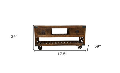 18" Brown and Black Solid Wood Distressed Wheel Console Table With Shelves And Drawers