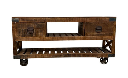 18" Brown and Black Solid Wood Distressed Wheel Console Table With Shelves And Drawers