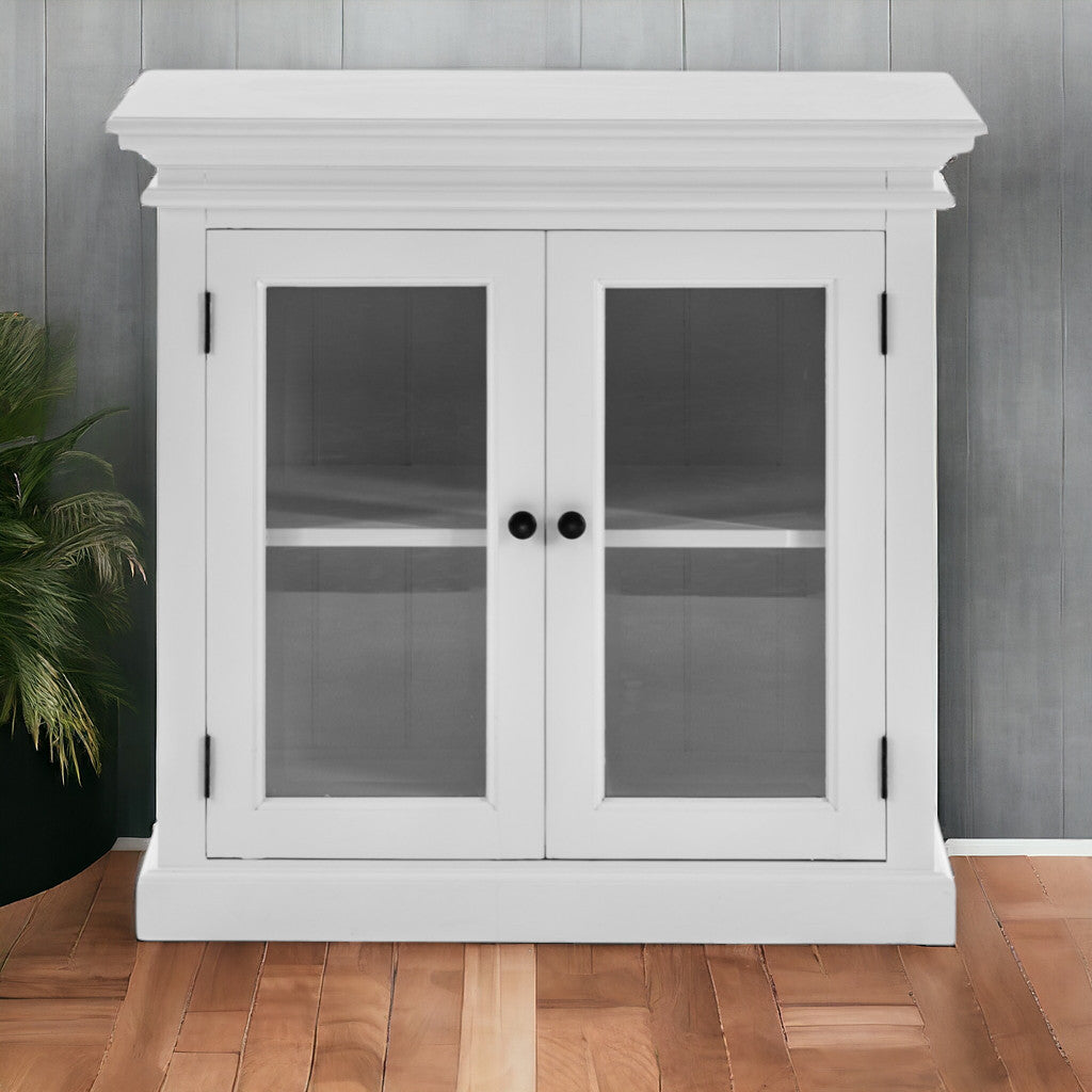 35" White Wood and Glass Two Door Accent Cabinet