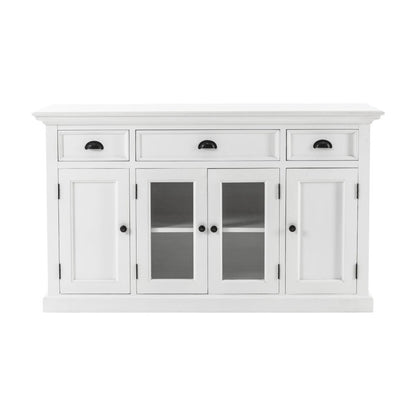 57" White Solid Wood Three Drawer Sideboard with Four Glass Doors