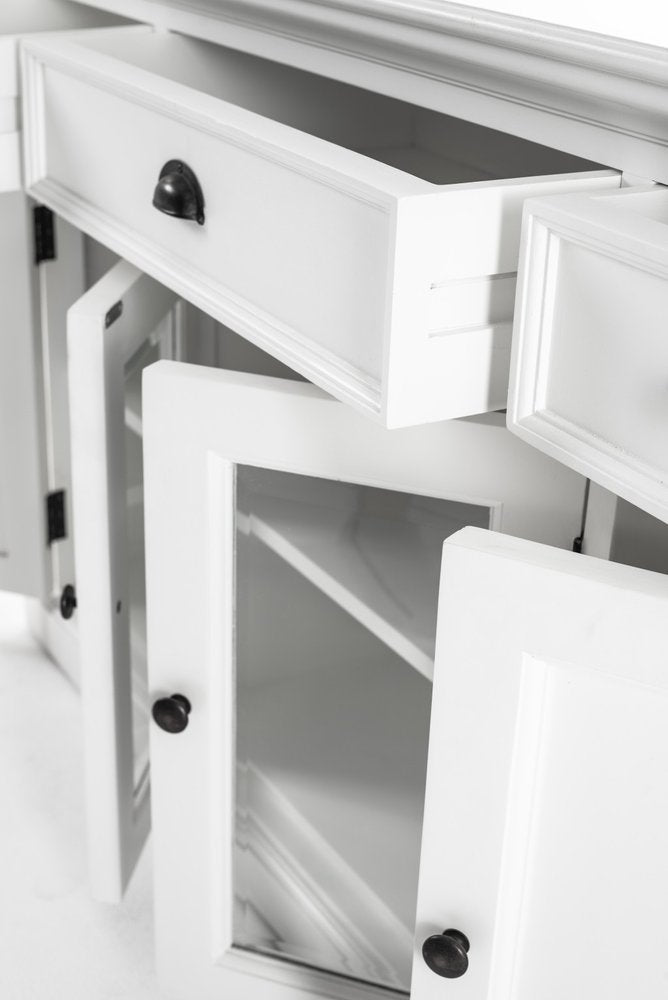 57" White Solid Wood Three Drawer Sideboard with Four Glass Doors