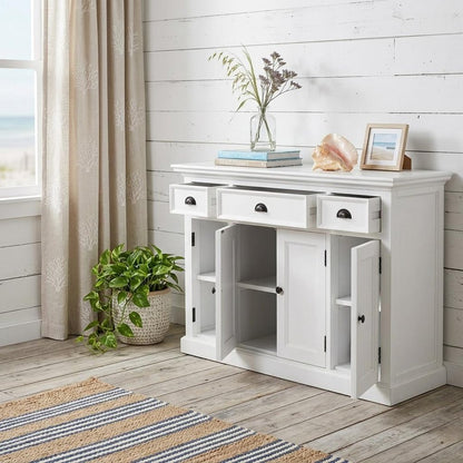 57" White Solid Wood Three Drawer Sideboard