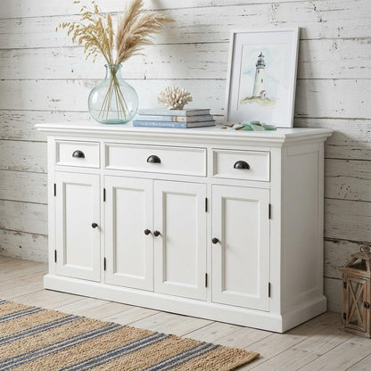 57" White Solid Wood Three Drawer Sideboard