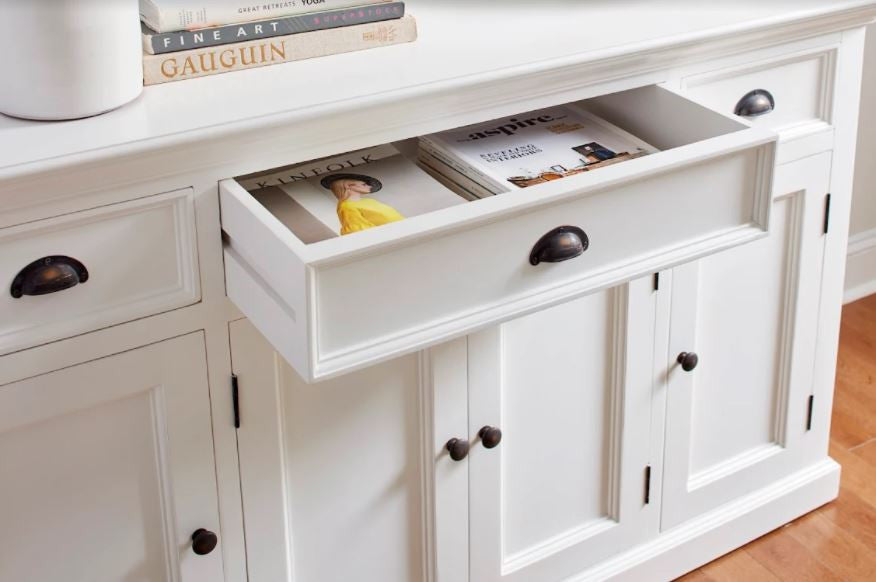 57" White Solid Wood Three Drawer Sideboard