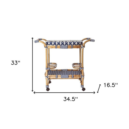 35" Navy Blue White And Natural Rolling Rattan Bar Cart
