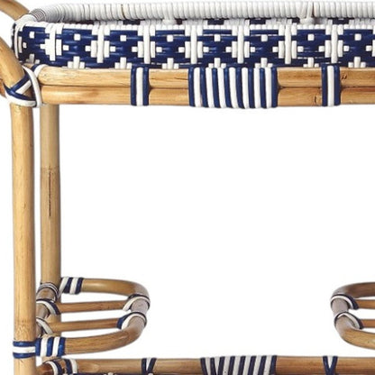 35" Navy Blue White And Natural Rolling Rattan Bar Cart