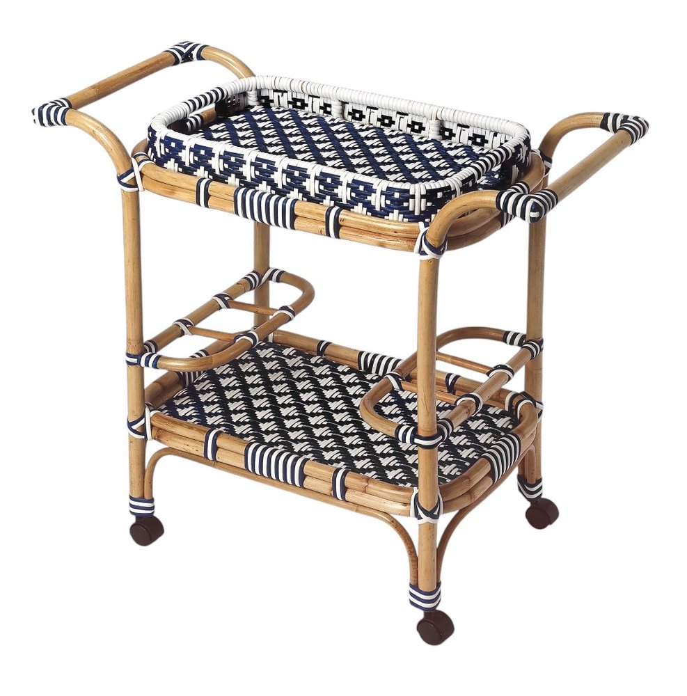35" Navy Blue White And Natural Rolling Rattan Bar Cart