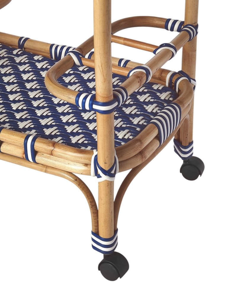 35" Navy Blue White And Natural Rolling Rattan Bar Cart