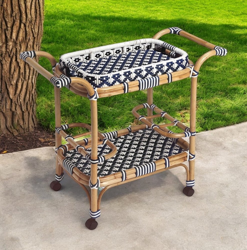 35" Navy Blue White And Natural Rolling Rattan Bar Cart