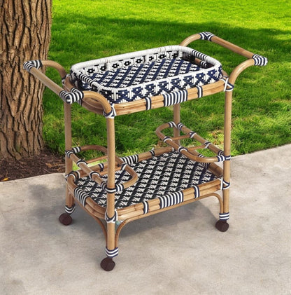 35" Navy Blue White And Natural Rolling Rattan Bar Cart