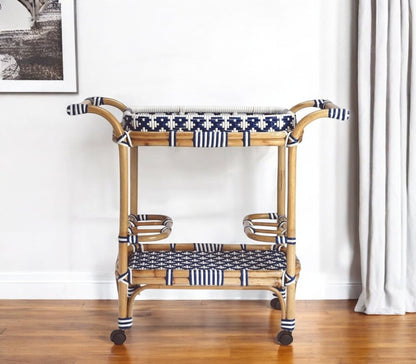 35" Navy Blue White And Natural Rolling Rattan Bar Cart