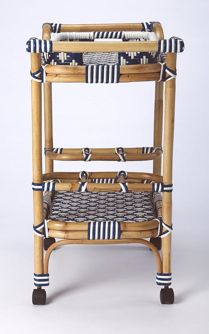 35" Navy Blue White And Natural Rolling Rattan Bar Cart