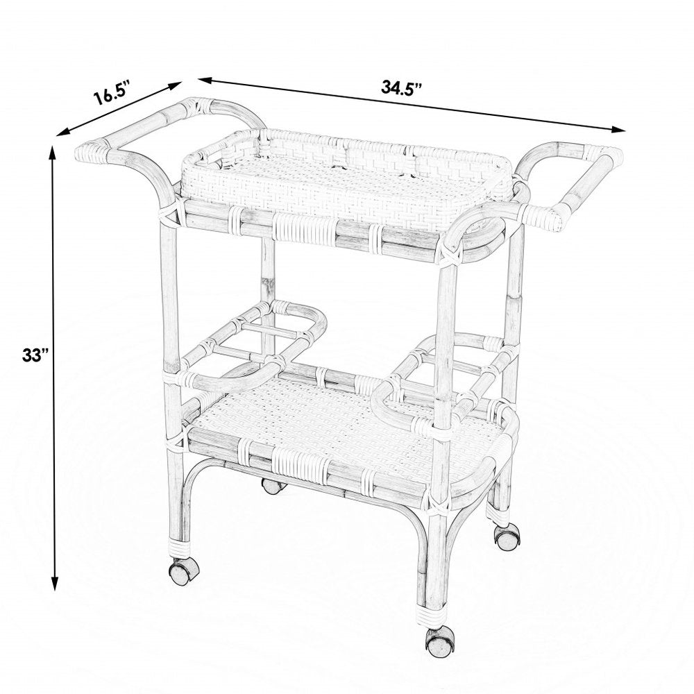 35" Navy Blue White And Natural Rolling Rattan Bar Cart