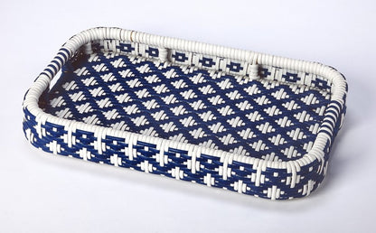 35" Navy Blue White And Natural Rolling Rattan Bar Cart