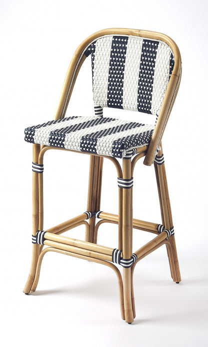 28" Blue and White And Natural Rattan Bar Chair