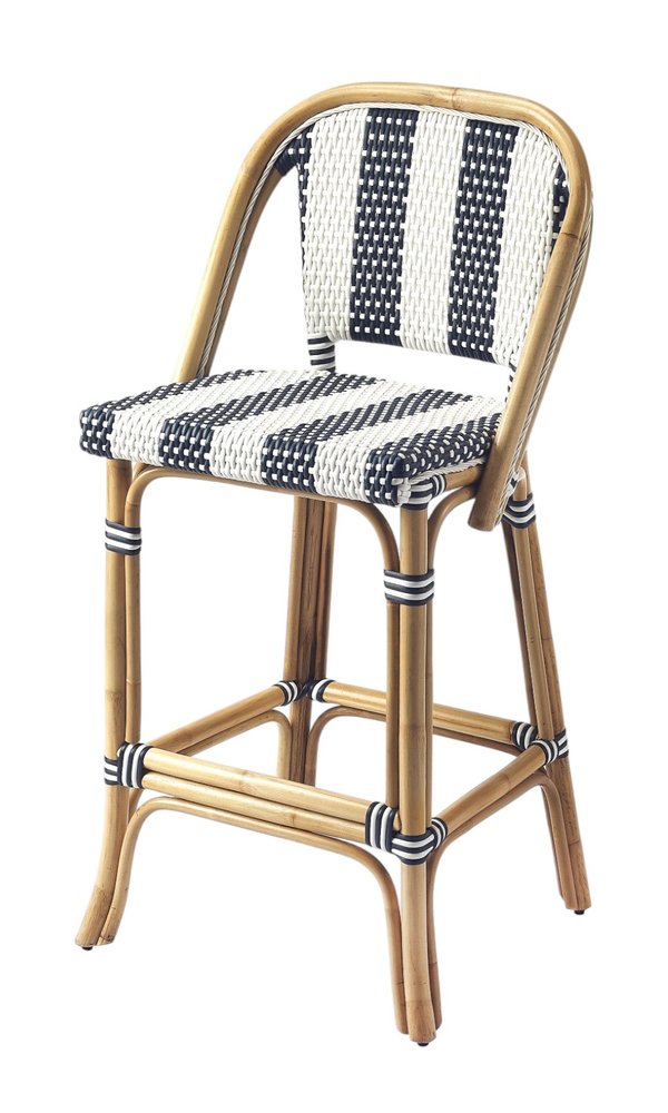 28" Blue and White and Natural Rattan Bar Chair