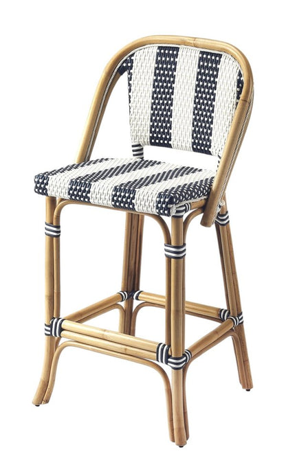 28" Blue and White and Natural Rattan Bar Chair