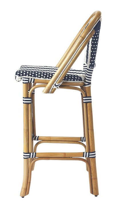 28" Blue and White and Natural Rattan Bar Chair