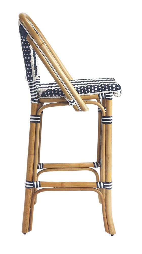 28" Blue and White and Natural Rattan Bar Chair