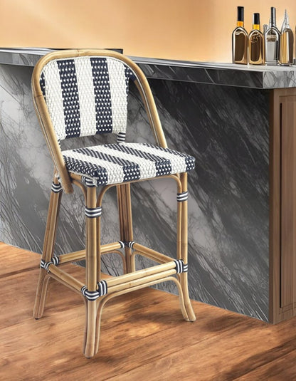 28" Blue and White and Natural Rattan Bar Chair