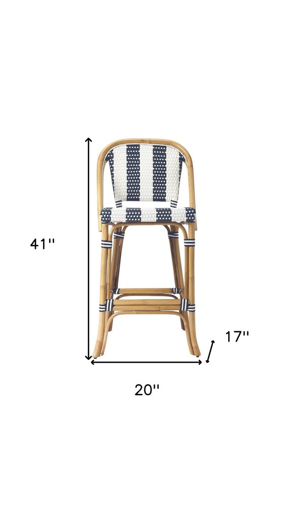 28" Blue and White and Natural Rattan Bar Chair